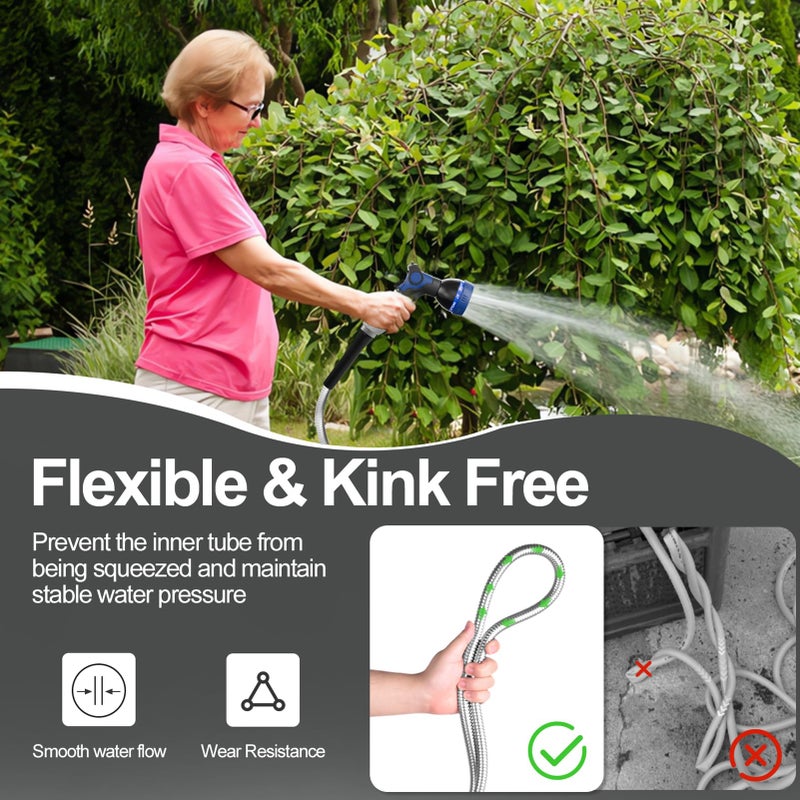 SPECILITE 50ft 304 Stainless Steel Garden Hose Metal, Heavy Duty Water Pipe with Nozzles for Yard, Outdoor - Flexible, Never Kink & Tangle, Puncture Resistant (Sliver) - Image 4